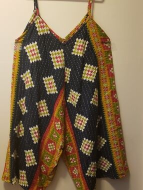 Boho Navy Floral Diamond Print Spaghetti Strap Cotton Kantha Jumpsuit